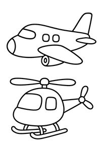 Un disegno a linee in bianco e nero di un aereo arrotondato con motore e finestrini che vola sopra un elicottero con pale e pattini. Entrambi i veicoli hanno forme semplici su uno sfondo bianco.