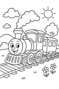 O locomotivă cu aburi de desene animate cu o față zâmbitoare trage un vagon pe calea ferată. Fumul iese din coș sub un soare puternic, iar flori mici cresc în iarbă.