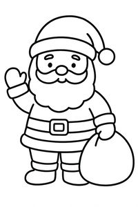 Jednoduchá černobílá čárová kresba Santa Clause v čepici a s opaskem. Jednou rukou mává na pozdrav a v druhé drží velký kulatý pytel s dárky.