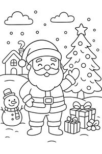 Přátelský Santa Claus mává ze zasněžené krajiny vedle zdobeného vánočního stromku a šťastného sněhuláka. Na zemi leží dárky s mašlemi a v pozadí je vidět malý domek s komínem.