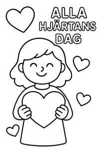 En svartvit målarbild av en leende flicka som håller ett stort hjärta framför sig. Motivet har texten 'Alla Hjärtans Dag' i bubbelstil och flera små hjärtan som dekoration.