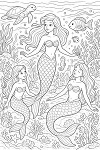Disegno da colorare dettagliato che raffigura tre sirene con lunghi capelli e code squamate in una barriera corallina. Una grande tartaruga marina e vari pesci le circondano su un fondale con conchiglie.
