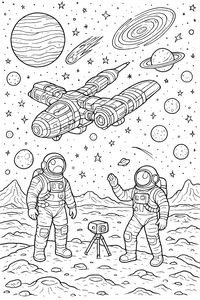 Zwei Astronauten in voller Montur stehen auf der Mondoberfläche neben einem Kamerastativ. Über ihnen fliegt ein großes Raumschiff durch einen belebten Himmel voller Planeten, einer Spiralgalaxie, einem Kometen und vielen Sternen.