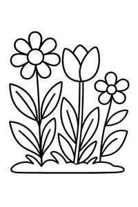 A black and white line drawing of three flowers growing from the ground. A large daisy, a central tulip, and a smaller flower stand tall with thick stems and simple leaves against a white background.