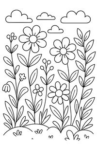 Desenho em linha preta e branca de um prado de flores com duas margaridas grandes, vários caules com botões redondos e um ramo alto com muitas folhas. Quatro nuvens simples flutuam no céu acima do solo acidentado com pequenos tufos de relva.