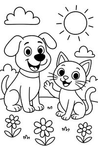 Um cão simpático com orelhas descaídas está sentado ao lado de um gato pequeno que acena com a pata. Estão num jardim com três margaridas grandes, sol e nuvens.