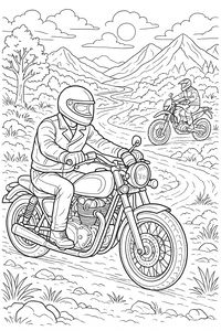 Disegno lineare dettagliato di due motociclisti che viaggiano attraverso un paesaggio montano. La scena include una strada sterrata sinuosa, alte cime sullo sfondo, un grande albero a sinistra e un pilota su una moto classica.
