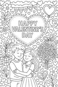 Um desenho de linha em preto e branco de um jovem casal sorridente a abraçar-se. Estão rodeados por um grande ramo de rosas, corações flutuantes, uma prenda, um passarinho e um cartaz central em forma de coração com a frase Happy Valentine's Day.