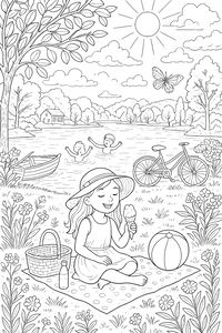 Una bambina con un cappello da sole siede su una coperta a pois mangiando un cono gelato. Sullo sfondo, due bambini nuotano nel lago vicino a una barca a remi. Il paesaggio presenta alberi rigogliosi e un sole felice.