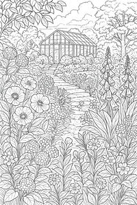 Desenho de linhas detalhado de uma estufa de vidro no fim de um caminho de pedra. O primeiro plano está cheio de dedaleiras e papoilas, com árvores e nuvens ao fundo.
