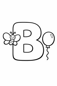 Uma letra B grande e arredondada está centrada entre uma borboleta sorridente e um balão flutuante. O traço é grosso e simples, sem fundo, facilitando a pintura.