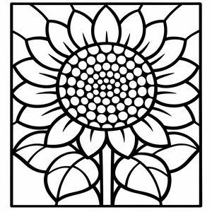Um girassol grande preenche uma moldura quadrada num desenho de vitral. A flor tem um centro redondo com pequenos círculos, pétalas pontiagudas, um caule robusto e várias folhas grandes na base.