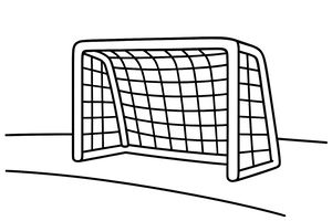 Fekete-fehér vonalrajz futballkapuról négyzetes hálómintázattal a füvön