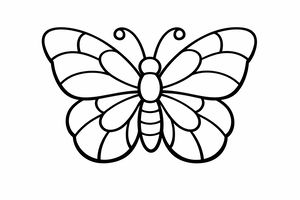 Um desenho linear em preto e branco de uma borboleta simpática com asas arredondadas. As asas estão divididas em grandes segmentos como um vitral, e a borboleta tem duas antenas curvas simples.