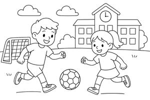 Due bambini sorridenti in abiti sportivi corrono verso un pallone da calcio su un prato. Una porta si trova a sinistra e una grande scuola con orologio appare sullo sfondo.