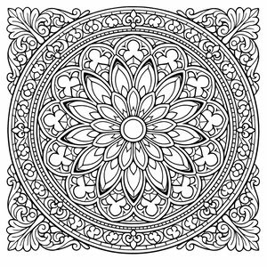 Un disegno da colorare di un rosone circolare con un mandala floreale al centro. Il motivo include petali simmetrici, ornamenti gotici e dettagliate foglie decorative negli angoli della cornice.
