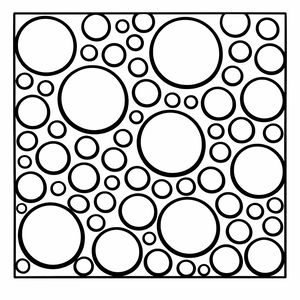 Eine einfache Schwarz-Weiß-Linienzeichnung vieler Kreise in verschiedenen Größen, die in einem quadratischen Rahmen dicht beieinander liegen. Die Kreise wirken wie zufällig angeordnete Blasen im Wasser.