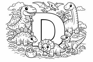Huruf kapital D besar berdiri di lanskap prasejarah dikelilingi oleh berbagai dinosaurus. T-rex dan brachiosaurus berdiri di latar belakang sementara triceratops dan stegosaurus berada di latar depan dekat telur yang menetas. Seekor pterodactyl terbang di dekat gunung berapi yang berasap.