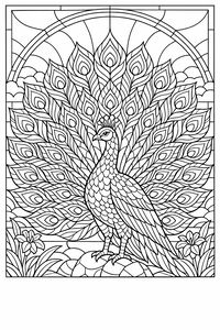 Um majestoso pavão está com as suas penas abertas num vitral ornamentado. O desenho mostra padrões detalhados nas penas da cauda, rodeado por uma moldura em arco, nuvens suaves e flores pequenas na base.