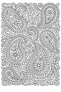 Disegno da colorare con motivo paisley che mostra forme di goccia con motivi floreali e riccioli decorativi
