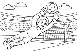 Un portiere in aria che si tuffa orizzontalmente con le mani tese verso il pallone da calcio. Sullo sfondo si vedono la porta e uno stadio affollato sotto un cielo nuvoloso.