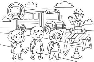 Grupa dzieci z plecakami stoi na chodniku obok znaku przystanku autobusowego. Z tyłu widać autobus szkolny oraz robotnika w kasku machającego zza barierki i pachołka drogowego.