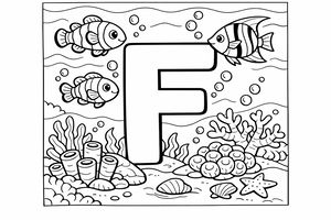 Uma letra F grande está no centro de uma cena subaquática. Dois peixes-palhaço e um peixe-anjo nadam entre bolhas, enquanto o fundo do mar está coberto de corais, anémonas, conchas e uma pequena estrela-do-mar.