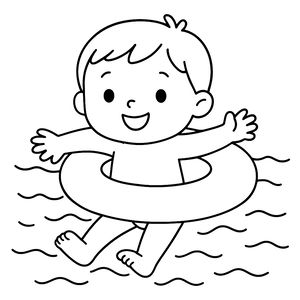 Um desenho de linha simples a preto e branco de uma criança sorridente a flutuar na água usando uma boia insuflável redonda. A criança tem os braços abertos com alegria e linhas onduladas representam a superfície da piscina.