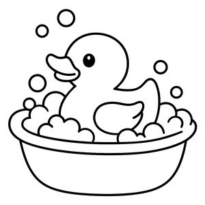 Un semplice disegno in bianco e nero di una paperella di gomma in una piccola vasca da bagno. La papera è circondata da schiuma e diverse bolle tonde che fluttuano nell'aria.