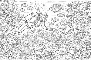 Um mergulhador com equipamento completo nada horizontalmente sobre um recife de coral denso. Muitos peixes tropicais com riscas e pintas nadam à sua volta entre corais e bolhas.