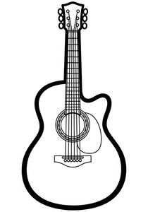 Un semplice disegno a linee bianche e nere di una chitarra acustica con contorni spessi. L'immagine mostra la paletta con i piroli, il manico e il grande corpo arrotondato.