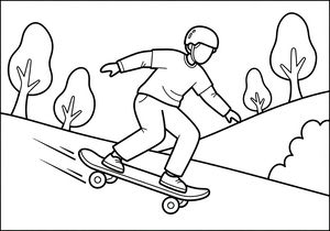 Um desenho de linhas simples de uma criança com capacete a andar de skate por uma colina suave. O fundo mostra árvores e arbustos minimalistas.