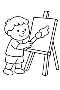 Um desenho linear simples de um rapaz sorridente de pé junto a um cavalete de madeira. Ele segura um pincel grande e faz uma pincelada larga na tela. A personagem tem cabelo encaracolado e usa t-shirt, calções e sapatos pequenos.