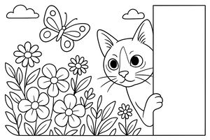 Desenho em linhas de um gato siamês com olhos grandes espreitando por uma esquina, olhando para uma borboleta voando sobre várias flores e plantas em um jardim
