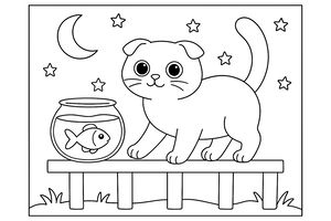 Schwarz-Weiß-Zeichnung einer Scottish-Fold-Katze auf einem Zaun neben einem runden Goldfischglas. Ein kleiner Fisch schwimmt darin, während ein Sichelmond und Sterne den Himmel schmücken.