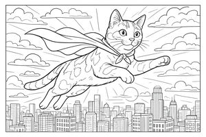 Eine Schwarz-Weiß-Zeichnung einer gefleckten Katze in einem Superhelden-Umhang, die durch die Luft fliegt. Darunter erstreckt sich eine dichte Stadtlandschaft mit Hochhäusern unter einem bewölkten Himmel mit Sonne.