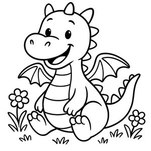 Um simpático bebé dragão de desenhos animados com pequenas asas e um grande sorriso sentado num prado. Flores simples e erva rodeiam a personagem de contornos grossos.