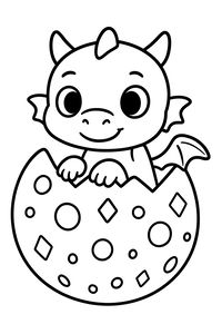 Un tenero baby drago con piccole ali e corna siede all'interno di un grande uovo schiuso. La parte inferiore del guscio è decorata con motivi a cerchi e losanghe. Il drago ha grandi occhi dolci e un sorriso amichevole.
