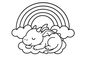Un tenero baby drago con piccole corna e alicette dorme tranquillamente su una nuvola. Un grande arcobaleno multicolore sovrasta la scena collegando due nuvole.