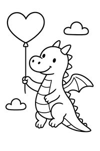 Un draghetto sorridente con piccole ali e la pancia a strisce tiene il filo di un palloncino a cuore. Due nuvole semplici fluttuano nel cielo accanto alla creatura.