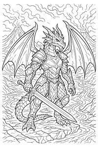 Um majestoso guerreiro dragão com armadura completa de cavaleiro está num penhasco segurando uma grande espada. Ao fundo, dois vulcões expelem fumo enquanto rios de lava fluem pelas montanhas.