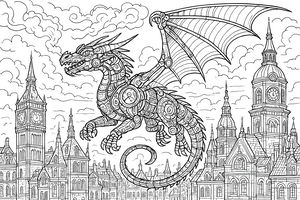 Desenho detalhado de um dragão mecânico steampunk com engrenagens visíveis a voar sobre uma cidade cheia de torres de relógio e edifícios históricos. O dragão tem asas grandes.