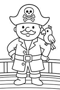 Einfaches Ausmalbild eines freundlichen Piratenkapitäns mit Schnurrbart und einem Papagei auf der Schulter. Er steht auf dem Holzdeck eines Schiffes und trägt einen Hut mit Totenkopf.