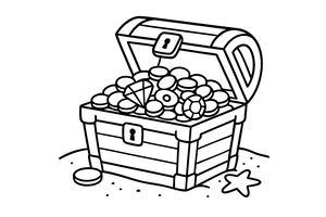 Un cofre del tesoro de madera abierto en la arena, lleno hasta el borde con monedas de oro y grandes gemas. Se ve una moneda y una estrella de mar en el suelo.