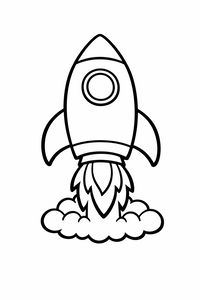 Einfache Strichzeichnung einer Rakete mit rundem Bullauge, Flossen, lodernden Abgasflammen und Wolken am unteren Ende
