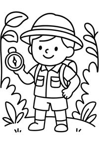 Un disegno a linee in bianco e nero di un bambino sorridente che indossa una divisa da safari. Il giovane esploratore tiene una bussola e uno zaino tra le piante della giungla.