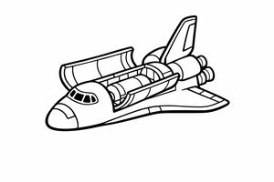 Un semplice disegno al tratto in bianco e nero di uno space shuttle. I portelloni del vano di carico sono aperti, mostrando l'interno. La navetta ha tre motori sul retro e una cabina di pilotaggio anteriore.