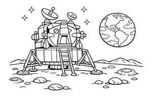 Un disegno dettagliato di un modulo lunare sulla superficie della Luna. Il modulo presenta antenne e una scaletta, con crateri in primo piano e la Terra nel cielo stellato dietro di esso.