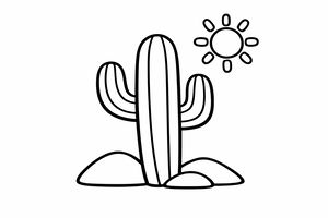 Um desenho de linhas a preto e branco de um grande cato saguaro com dois braços no chão do deserto com três rochas lisas. Um sol redondo simples com raios ovais grossos está posicionado no canto superior direito.