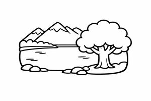 Un semplice disegno a tratteggio di un lago tranquillo con un grande albero arrotondato in primo piano. Tre cime montuose innevate si trovano sullo sfondo e pietre lisce costeggiano l'acqua.